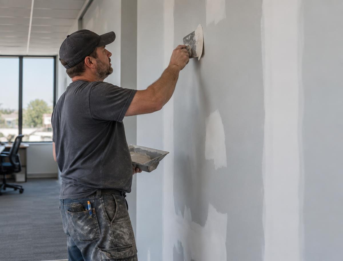 Contractor repairing and finishing an interior wall in a commercial building