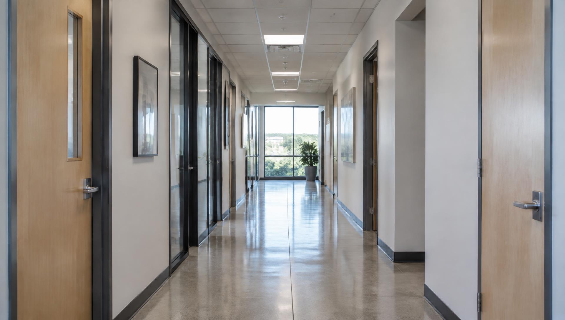 Commercial office building interior corridor with doors and finished walls