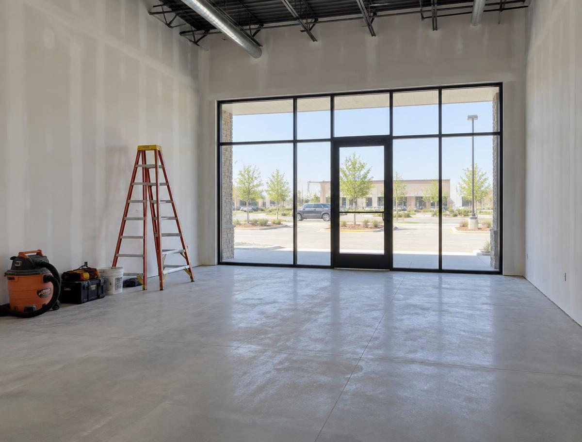 Vacant commercial tenant space with tools ready for interior repair work